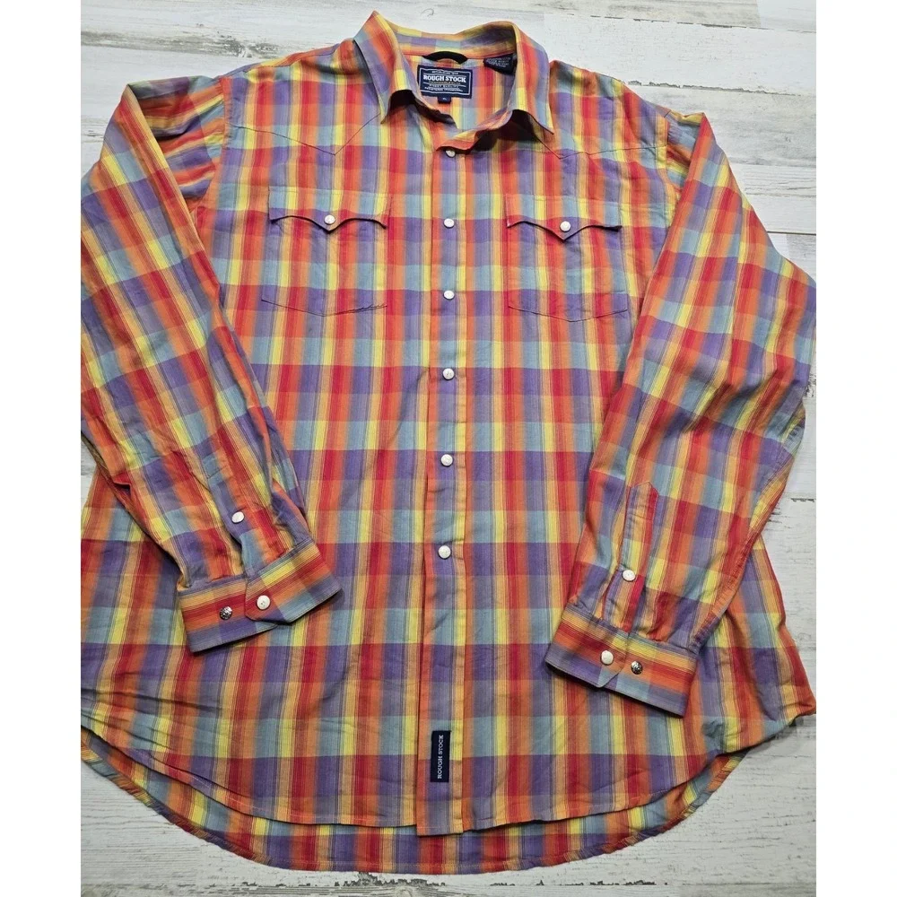 Rough Stock Panhandle Slim Mens XL Western‎ Pearl Snap Plaid Shirt Multi R0S9277